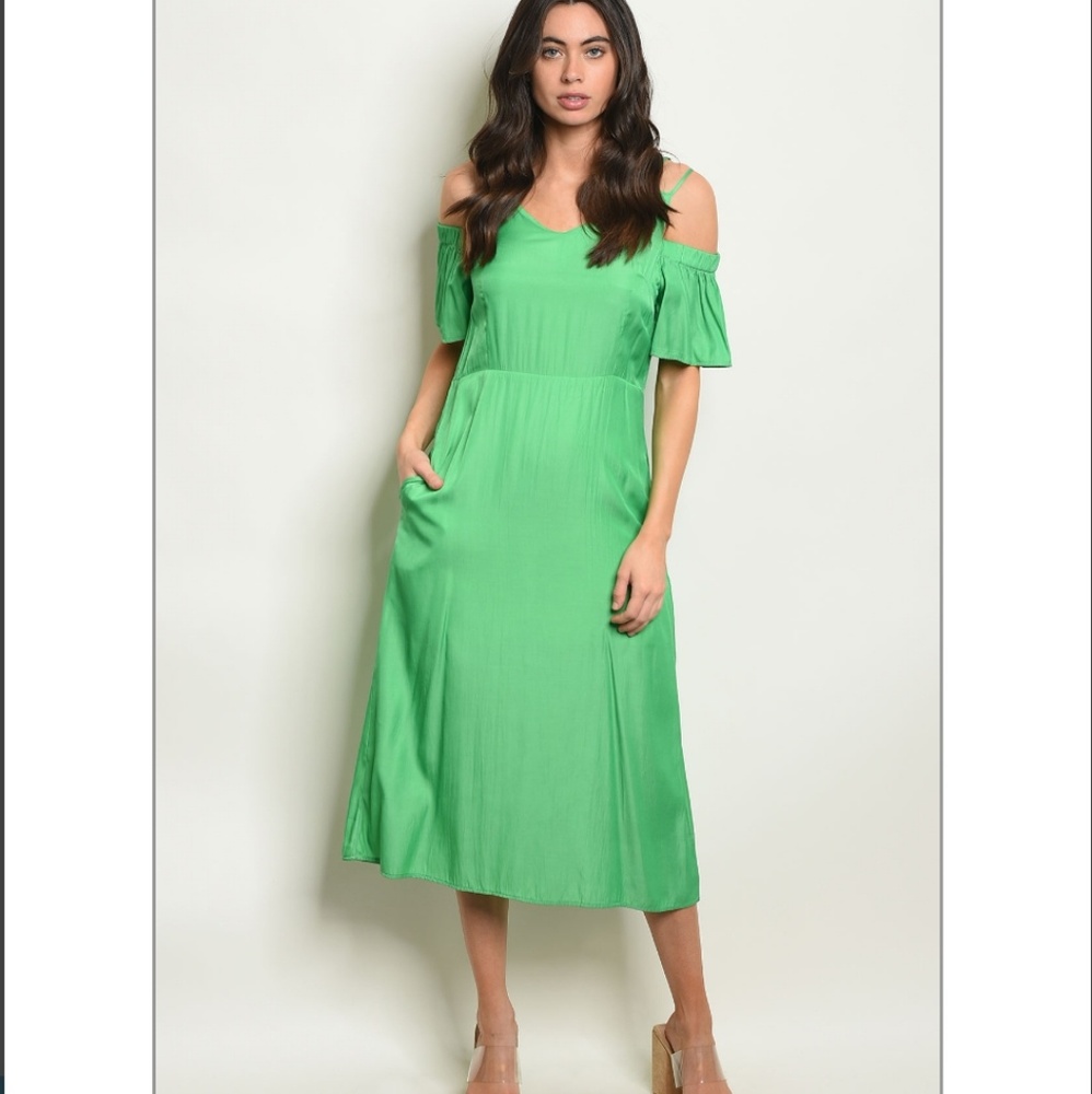 Emerald Green midi cold shoulder dress